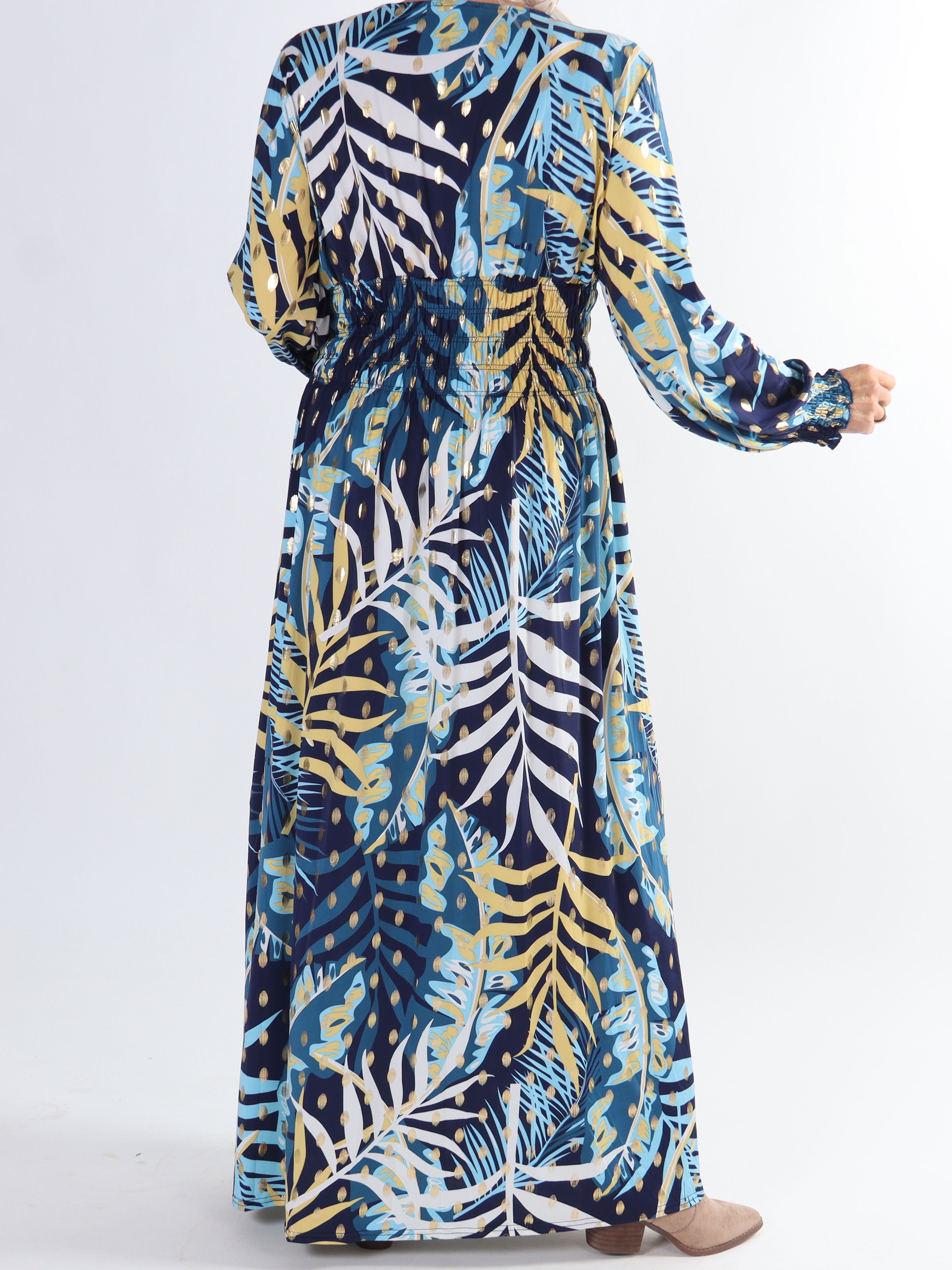 Pams Forest L/S - Plus size elastisk klänning i skrynkelfritt tyg med långa ärmar